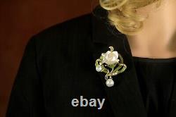Brooch Pendant Art Nouveau Sheet Green Pearl Baroque White Vintage Style QD12