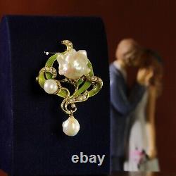 Brooch Pendant Art Nouveau Sheet Green Pearl Baroque White Vintage Style QD12