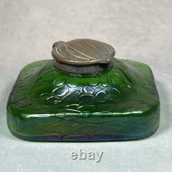 C1900 Antique Kralik Art Nouveau Iridescent Green Glass 11.5cm Square Inkwell