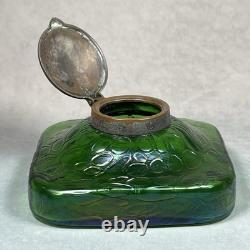 C1900 Antique Kralik Art Nouveau Iridescent Green Glass 11.5cm Square Inkwell