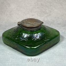 C1900 Antique Kralik Art Nouveau Iridescent Green Glass 11.5cm Square Inkwell