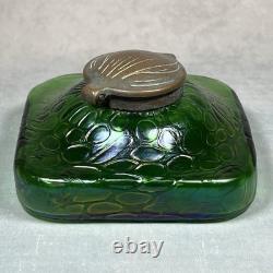 C1900 Antique Kralik Art Nouveau Iridescent Green Glass 11.5cm Square Inkwell