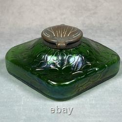 C1900 Antique Kralik Art Nouveau Iridescent Green Glass 11.5cm Square Inkwell