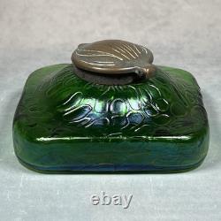 C1900 Antique Kralik Art Nouveau Iridescent Green Glass 11.5cm Square Inkwell
