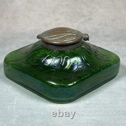 C1900 Antique Kralik Art Nouveau Iridescent Green Glass 11.5cm Square Inkwell