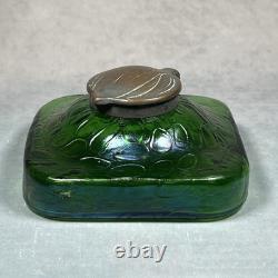 C1900 Antique Kralik Art Nouveau Iridescent Green Glass 11.5cm Square Inkwell