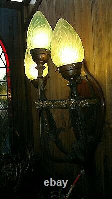 C1900 Art Nouveau Jugendstil Bronze 3 Arm Green Flame Wall Light Sconce 22