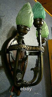 C1900 Art Nouveau Jugendstil Bronze 3 Arm Green Flame Wall Light Sconce 22