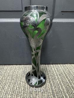 C1900 Art Nouveau Sterling Silver Overlay Green Art Glass Vase