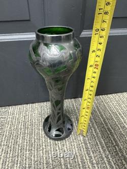 C1900 Art Nouveau Sterling Silver Overlay Green Art Glass Vase