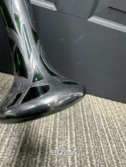 C1900 Art Nouveau Sterling Silver Overlay Green Art Glass Vase