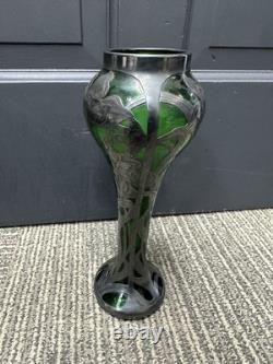 C1900 Art Nouveau Sterling Silver Overlay Green Art Glass Vase