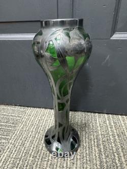 C1900 Art Nouveau Sterling Silver Overlay Green Art Glass Vase