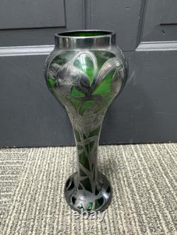 C1900 Art Nouveau Sterling Silver Overlay Green Art Glass Vase