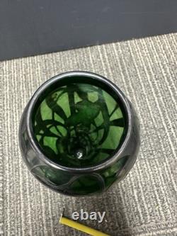 C1900 Art Nouveau Sterling Silver Overlay Green Art Glass Vase
