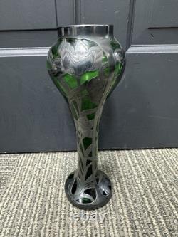 C1900 Art Nouveau Sterling Silver Overlay Green Art Glass Vase