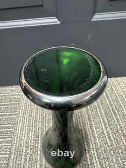 C1900 Art Nouveau Sterling Silver Overlay Green Art Glass Vase