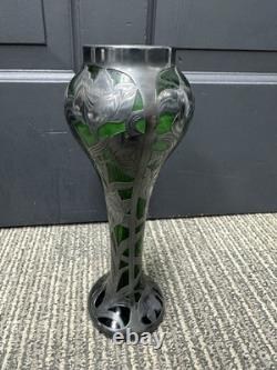 C1900 Art Nouveau Sterling Silver Overlay Green Art Glass Vase