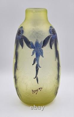C1900 Legras Art Nouveau French Cameo Blue Floral Glass Vase Uranium Green Glow