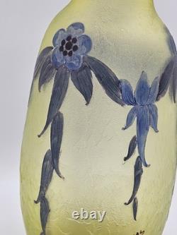 C1900 Legras Art Nouveau French Cameo Blue Floral Glass Vase Uranium Green Glow