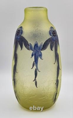 C1900 Legras Art Nouveau French Cameo Blue Floral Glass Vase Uranium Green Glow