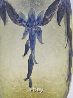C1900 Legras Art Nouveau French Cameo Blue Floral Glass Vase Uranium Green Glow