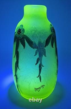 C1900 Legras Art Nouveau French Cameo Blue Floral Glass Vase Uranium Green Glow