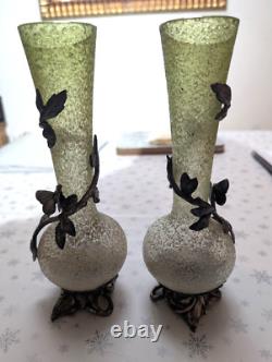 C1903 Antique Wmf Ultra Rare Pair Art Nouveau Silver Pl Flower Vase Green Glass