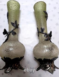 C1903 Antique Wmf Ultra Rare Pair Art Nouveau Silver Pl Flower Vase Green Glass