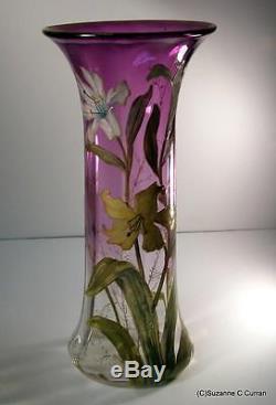 C1910 Art Nouveau Mont Joye French Art Glass Green Vase with HP Enamel Lilies A