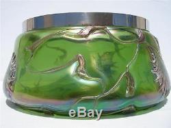 C1920 Kralik Bohemian Iridescent Green Art Glass Bowl Jardiniere Abstract Flower