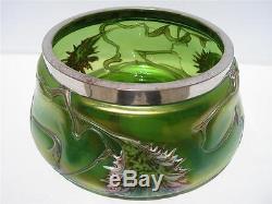 C1920 Kralik Bohemian Iridescent Green Art Glass Bowl Jardiniere Abstract Flower