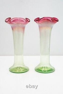 C1940s Pair of Ruffled, Hand-Blown Antique Art Nouveau Tulip Vases Red, Green