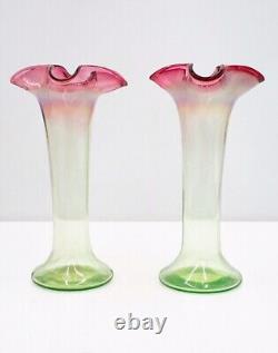 C1940s Pair of Ruffled, Hand-Blown Antique Art Nouveau Tulip Vases Red, Green