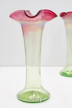 C1940s Pair of Ruffled, Hand-Blown Antique Art Nouveau Tulip Vases Red, Green