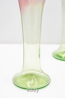 C1940s Pair of Ruffled, Hand-Blown Antique Art Nouveau Tulip Vases Red, Green