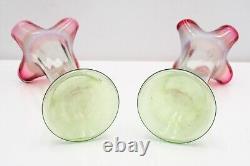 C1940s Pair of Ruffled, Hand-Blown Antique Art Nouveau Tulip Vases Red, Green