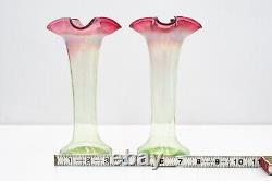 C1940s Pair of Ruffled, Hand-Blown Antique Art Nouveau Tulip Vases Red, Green