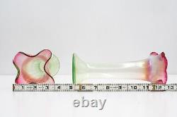 C1940s Pair of Ruffled, Hand-Blown Antique Art Nouveau Tulip Vases Red, Green