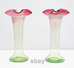 C1940s Pair of Ruffled, Hand-Blown Antique Art Nouveau Tulip Vases Red, Green