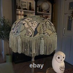 CFA Voysey'Hoot' owl green/blue fabric fringed 12 lampshade Art Nouveau