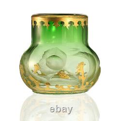 C. 1900 Harrach Art Nouveau floral intaglio engraved gilded green glass bud vase