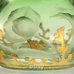 C. 1900 Harrach Art Nouveau floral intaglio engraved gilded green glass bud vase