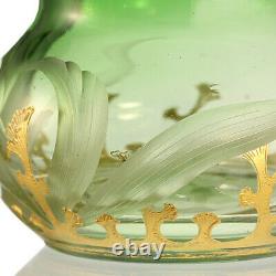 C. 1900 Harrach Art Nouveau floral intaglio engraved gilded green glass bud vase