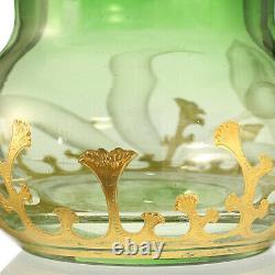 C. 1900 Harrach Art Nouveau floral intaglio engraved gilded green glass bud vase