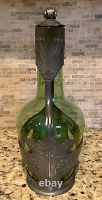 C. 1910s Art Nouveau Orivit Style Handled Wine Carafe Green Glass & Cast Pewter