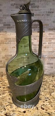 C. 1910s Art Nouveau Orivit Style Handled Wine Carafe Green Glass & Cast Pewter