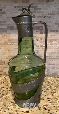C. 1910s Art Nouveau Orivit Style Handled Wine Carafe Green Glass & Cast Pewter