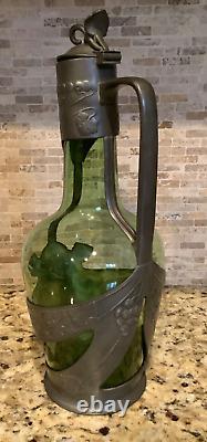 C. 1910s Art Nouveau Orivit Style Handled Wine Carafe Green Glass & Cast Pewter