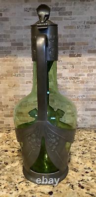 C. 1910s Art Nouveau Orivit Style Handled Wine Carafe Green Glass & Cast Pewter